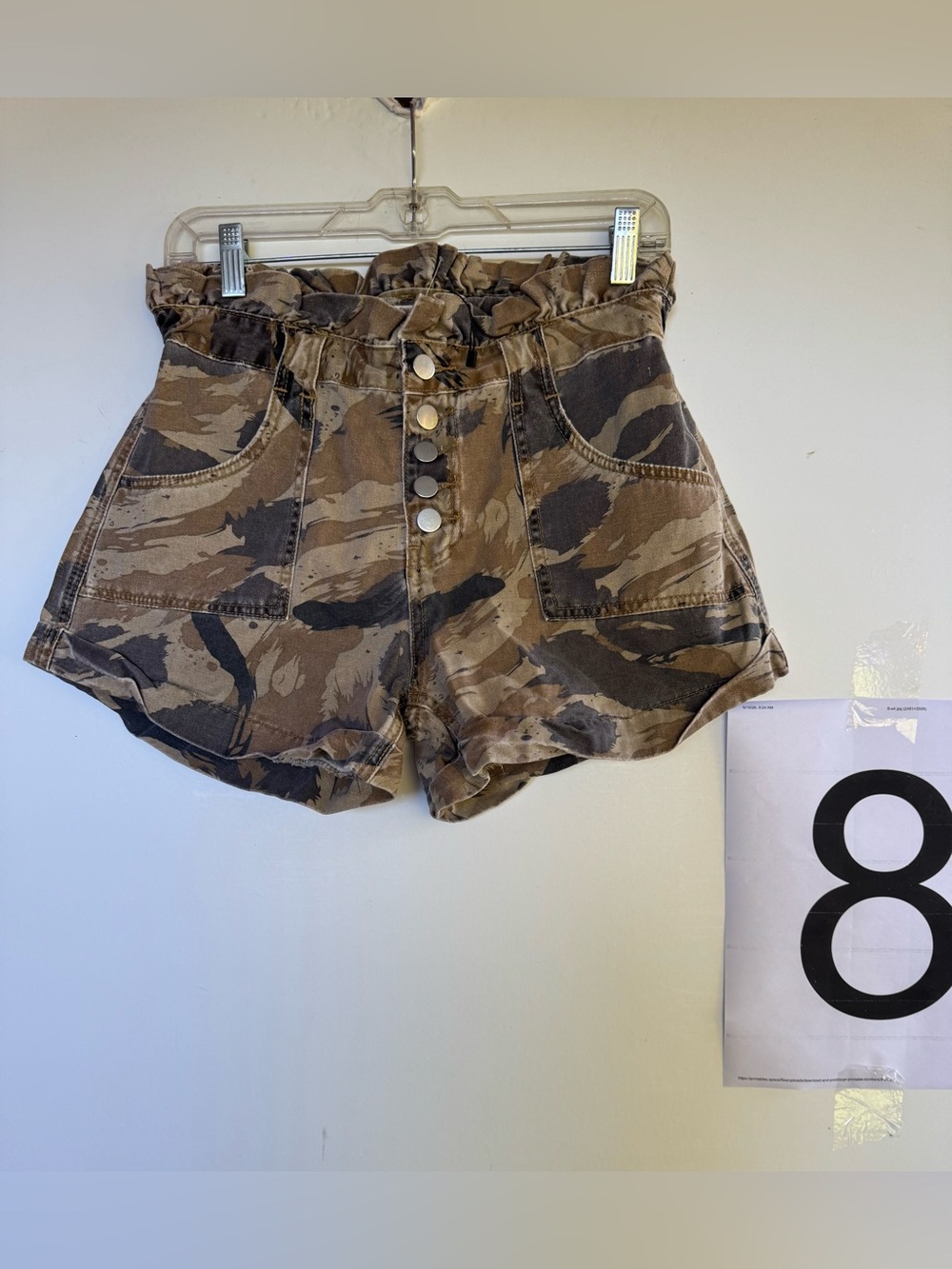 POL High-Waist Camo Button-Front Paperbag Shorts in Brown/Green
